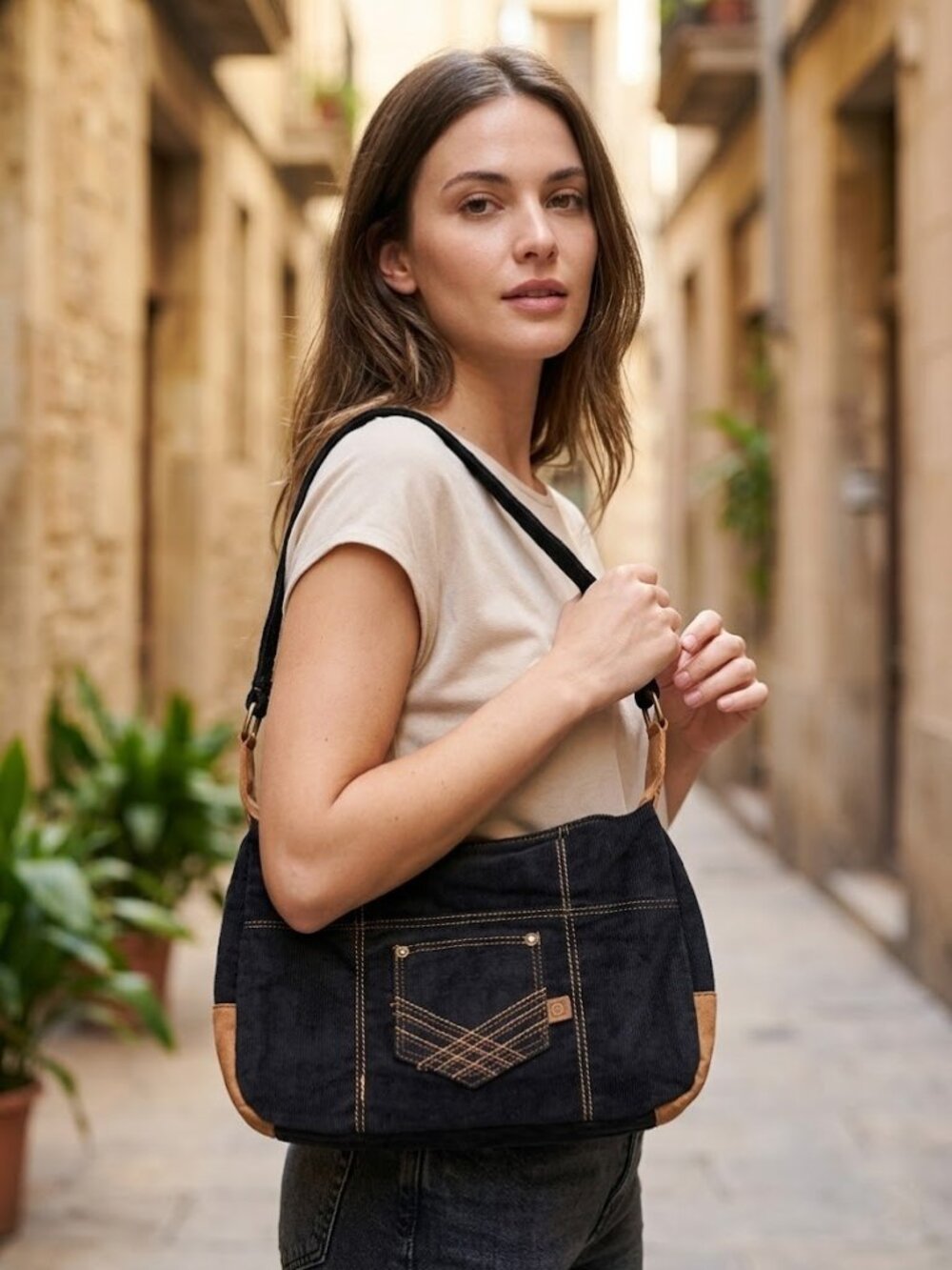 Denim Black and Brown Top Zip Closure Shoulder Bag Handbag